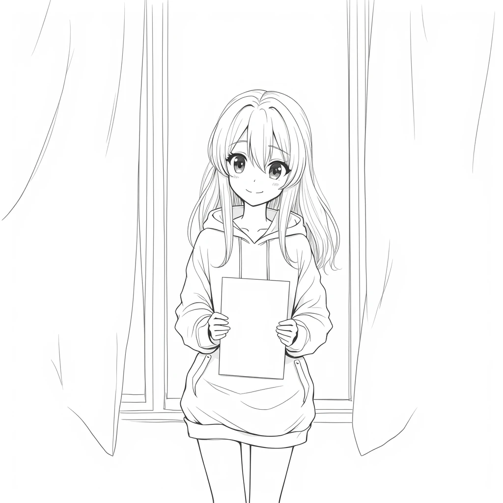 A realistic girl wearing a comfortable oversized hoodie, with her long hair, she is standing by her bold window that have curtains of a building, holding a large writing board in her hands, smile on her face, high quality image, black and white line art image,
