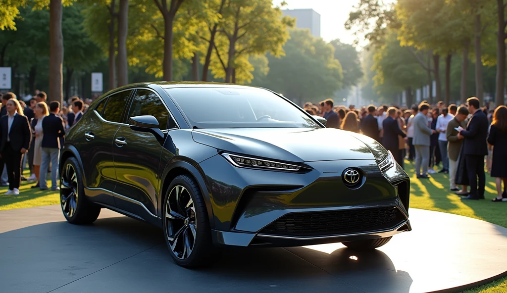 car exibitions with lots of people, park a ((2026 Corolla Cross mixed with tesla)), with modern electric car design, image luck like real and room note a luxury