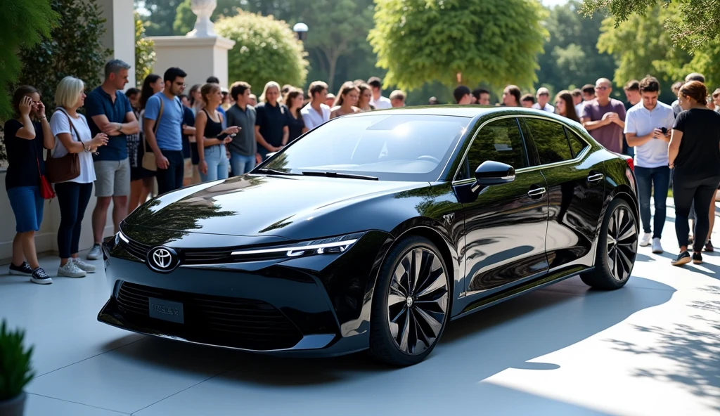 car exibitions with lots of people, park a ((2026 Corolla Cross mixed with tesla)), with modern electric car design, image luck like real and room note a luxury