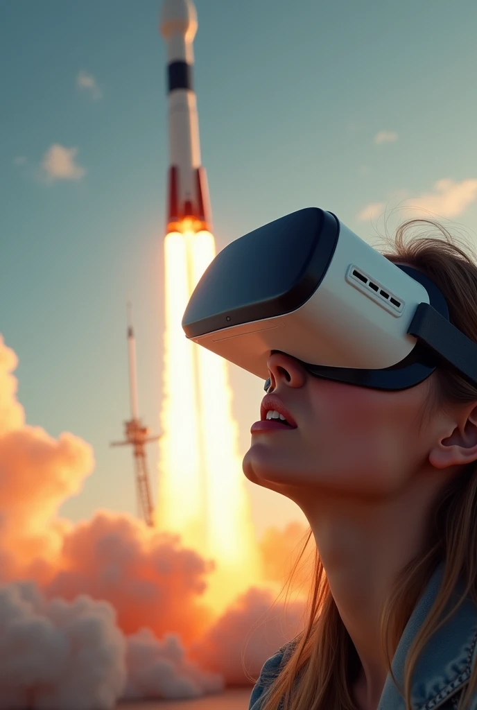 A person wearing vr glasses watching launch of space rocket