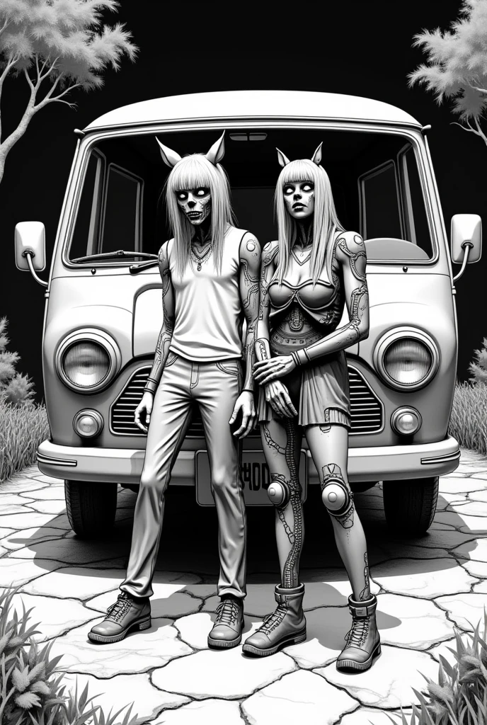 Masterpiece cyberpunk comic in black and white, the characters Shaggy and Scooby as cybernetic zombies in the background of the mythical van, ultra detailed image in 8k, Shaggy zombie, Scooby zombie, van of mysteries, terrifying cyberpunk image,