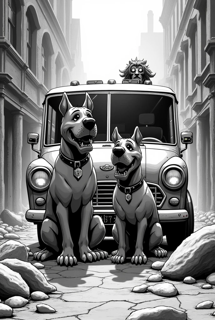 Masterpiece cyberpunk comic in black and white, the characters Shaggy and Scooby as cybernetic zombies in the background of the mythical van, ultra detailed image in 8k, Shaggy zombie, Scooby zombie, van of mysteries, terrifying cyberpunk image,