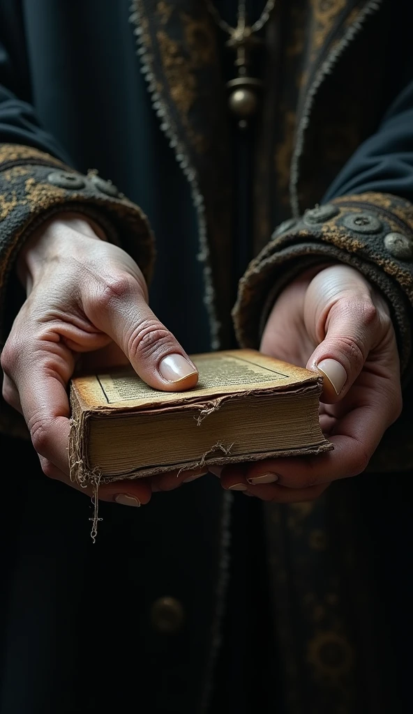 A close-up of john Dee’s hands clutching a tattered book, symbolizing his desperation and decline.]**