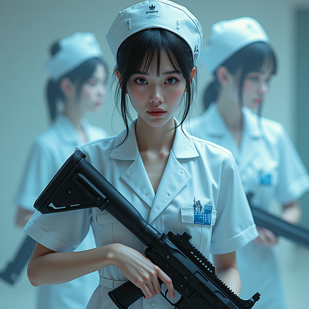 3 nurses、(masterpiece:1.2,Superior Quality,mirror-like,Cinematic Experience,Realistic:2.0,RAW Photos:2.0,Very detailed),8k,wallpaper,(Representing blueprints through holograms:2.0),(Beautiful woman:2.0),Futuristic assault rifle,(Futuristic assault rifleの設計図:2.0),(Draw the front view:2.0),(Avant-garde design:2.0),(Drawing out detailed designs:2.0),(Numerous notes on configuration:2.0),(cyber punk:2.0),(sf:2.0)