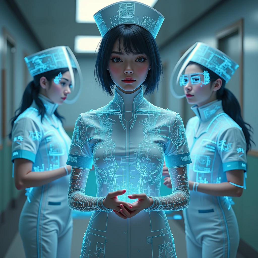 3 nurses、(masterpiece:1.2,Superior Quality,mirror-like,Cinematic Experience,Realistic:2.0,RAW Photos:2.0,Very detailed),8k,wallpaper,(Representing blueprints through holograms:2.0),(Beautiful woman:2.0),Futuristic assault rifle,(Futuristic assault rifleの設計図:2.0),(Draw the front view:2.0),(Avant-garde design:2.0),(Drawing out detailed designs:2.0),(Numerous notes on configuration:2.0),(cyber punk:2.0),(sf:2.0)