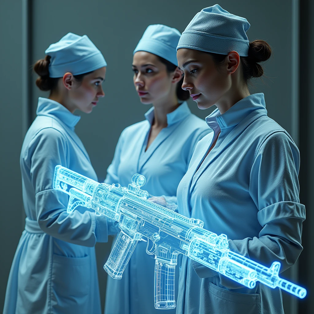 3 nurses、(masterpiece:1.2,Superior Quality,mirror-like,Cinematic Experience,Realistic:2.0,RAW Photos:2.0,Very detailed),8k,wallpaper,(Representing blueprints through holograms:2.0),(Beautiful woman:2.0),Futuristic assault rifle,(Futuristic assault rifleの設計図:2.0),(Draw the front view:2.0),(Avant-garde design:2.0),(Drawing out detailed designs:2.0),(Numerous notes on configuration:2.0),(cyber punk:2.0),(sf:2.0)