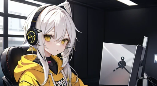 Gamer girl wearing headphones。Her hair is white and she is wearing a black and yellow hoodie with mesh.。