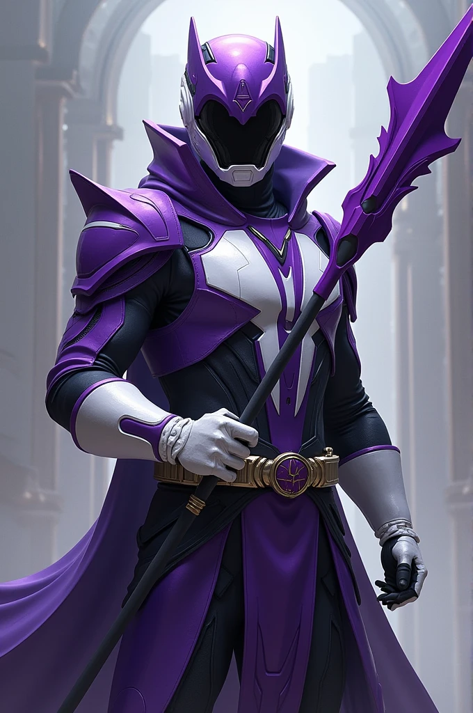 Character inspired by a purple ranger with purple ranger patterns a purple helmet mixed with white and black a purple ranger costume mixed with beige tinted with white a purple spear tinted with white mixed with black that he holds on and a side of a combat ranger