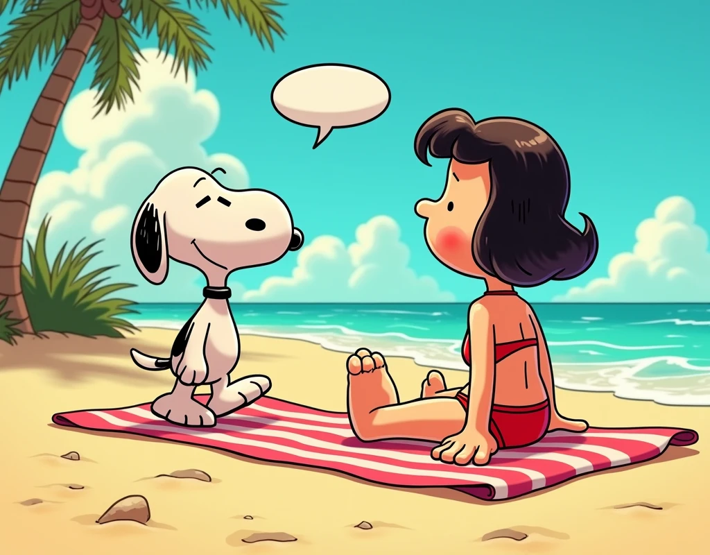 3D comic illustration, 8K,
The animated character Mafalda is on a towel on the beach topless. Snoopy in sunglasses walks past her. Snoopy walks past Mafalda, Snoopy with a disgusted face and a comic speech bubble with the text "eegggggg, about Snoopy." ultra detailed 3D illustration, Mafalda in a bikini, Snoopy with sunglasses and with a disgusted face, mafalda lying on the towel, mafalda topless 8K illustration,