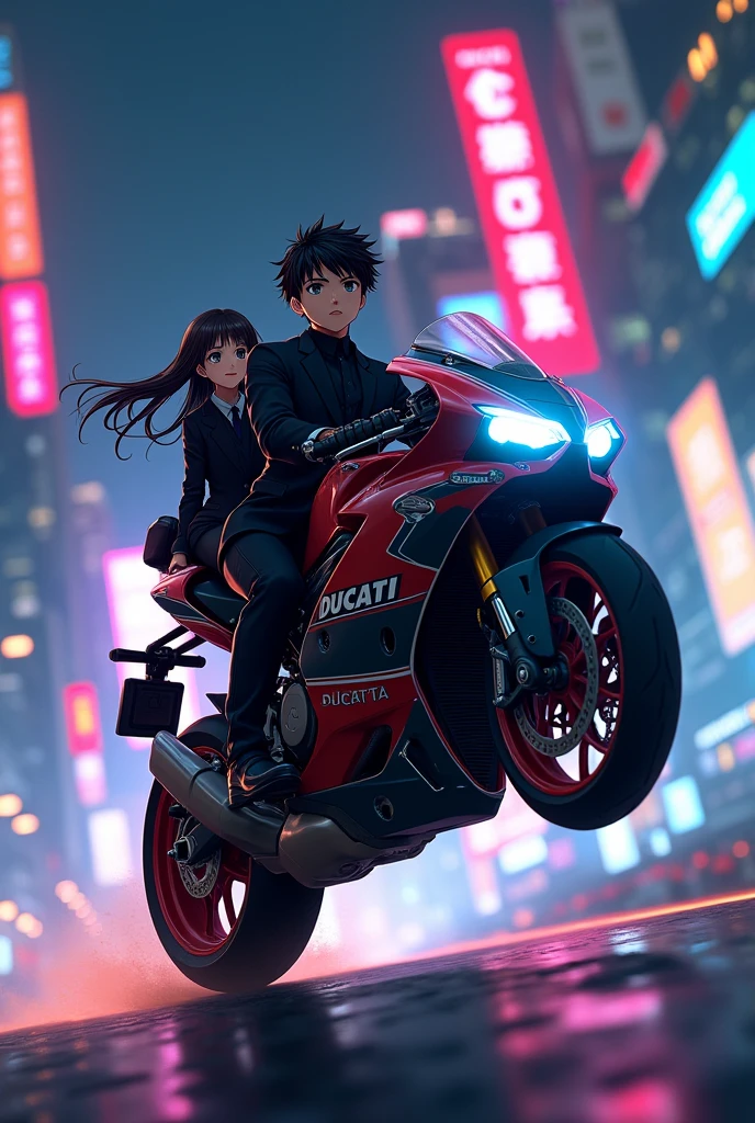 Ducati with a boy (anime) with black suit doing wheelie and a girl is sitting behind boy (anime) cinematic with neon light in cyberpunk city