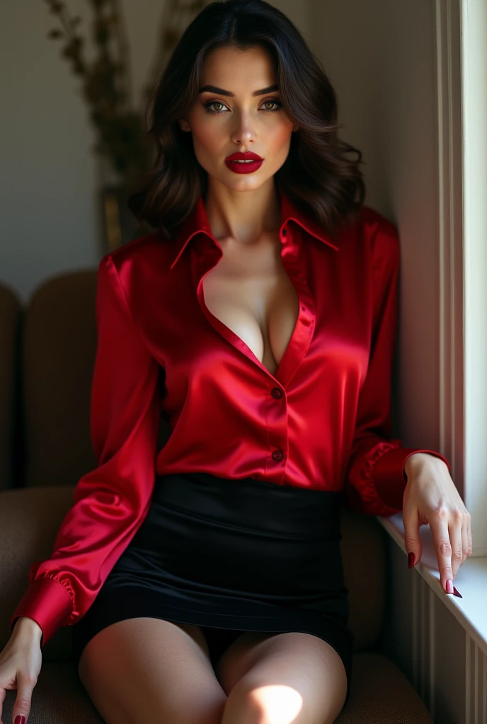 photo of a woman, red satin shirt, black mini skirt, (black stockings), makeup, red lips, hd, 8k, (intricate details, hyperdetailed:1.15) (skin texture:1.2), ((masterpiece)), (high quality), (best quality), (detailed), hd, perfect lighting, detailed face, detailed body