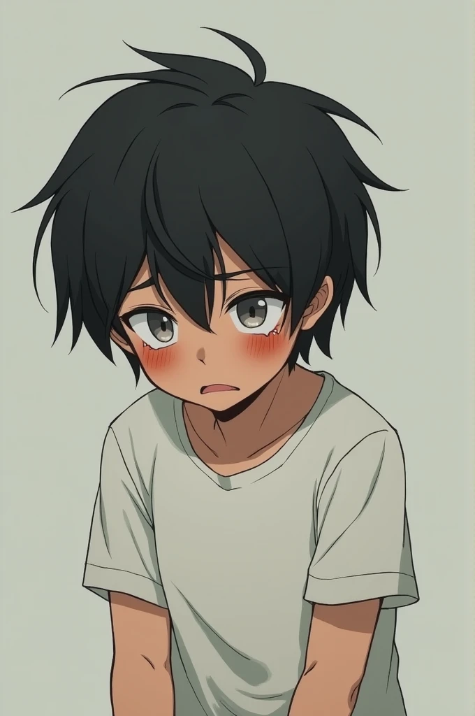 Boy with medium black hair and white t-shirt crying