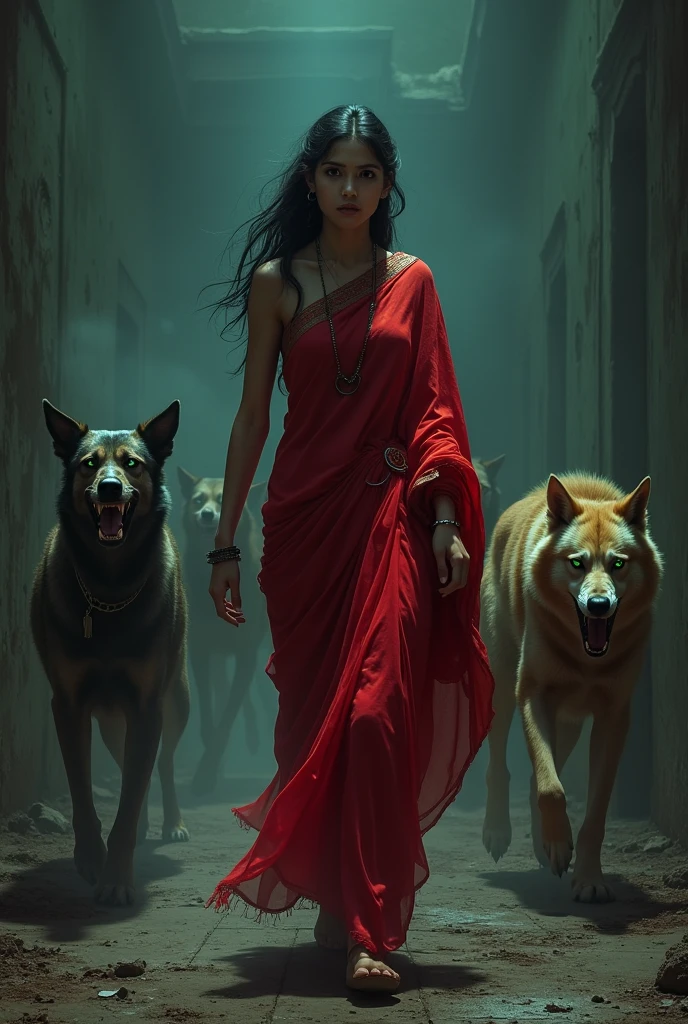 Girl in red sari in haunted place surrounded by evil dogs trying to escape