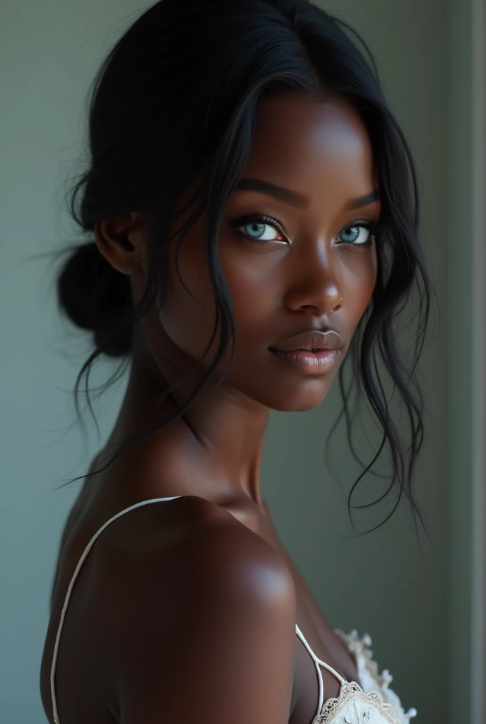 Black skin girl with blue eyes 