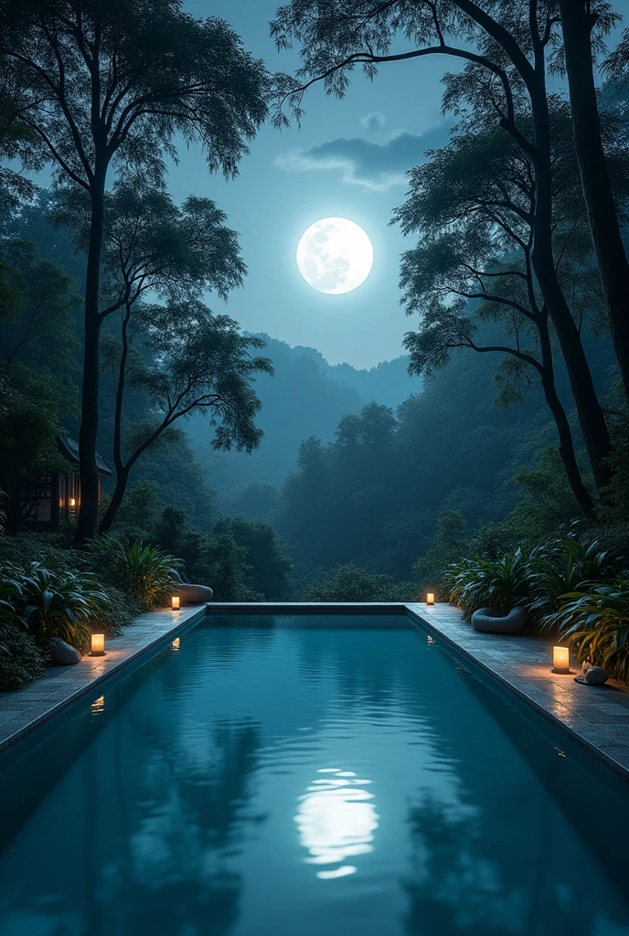 A swimming pool in open place in forest with moon in night 
