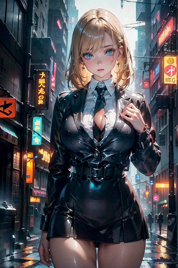 (masterpiece, best quality, ultra high resolution),1 girl, promote, dark brown skin, blue eyes, blonde hair, Big breasts, Thick thighs, Himekat, Black office jacket, White shirt, Black office skirt and black, Beautiful and detailed face, delicate eyes, Detailed nose, Cyberpunk city at night with fog and neon lights