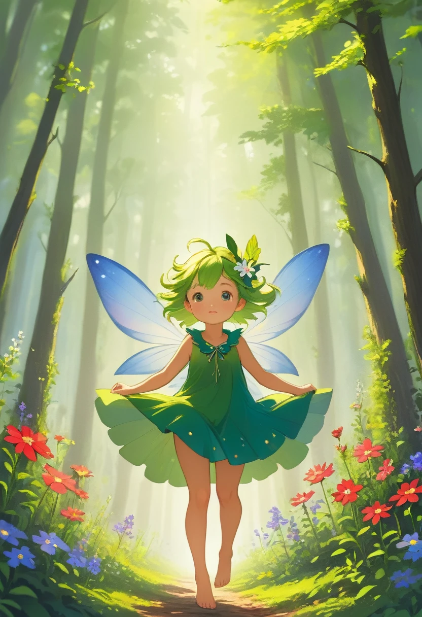 Forest Fairy,Mysterious, small and cute,wood々In the thick forest,光に包まれた幾人もの妖精がwoodの枝に座っている,Flying high and high,Barefoot,Running,Mysterious Mysterious,Vibrant wildflowers blooming in the forest,Fantasy,Exquisite atmosphere,Masterpiece,Highest quality,Detailed anime art,Digital Art,