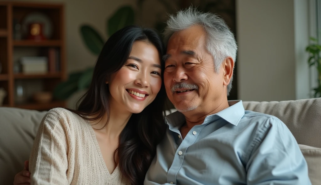 Pretty japanese woman, she has very beautiful long hair,she is on the couch smiling next to a 50 year old American man, they are smiling in detail, photoshot_\( ultra\), photoshotrealisitic, realisitic, Post-processing, Maximum details, roughness, real-life, ultrarealisitic, photoshotrealism, photoshotgraphy, 8k hd, photoshotgraphy