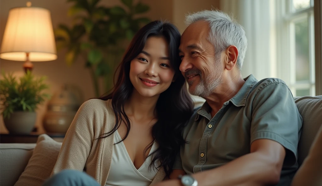 Pretty japanese woman, she has very beautiful long hair,she is on the couch smiling next to a 50 year old American man, they are smiling in detail, photoshot_\( ultra\), photoshotrealisitic, realisitic, Post-processing, Maximum details, roughness, real-life, ultrarealisitic, photoshotrealism, photoshotgraphy, 8k hd, photoshotgraphy