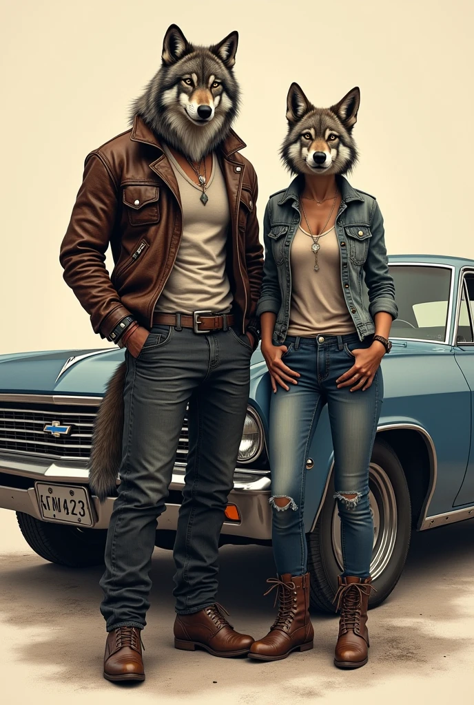 Draw a wolf with a leather jacket, jeans, botas marrons com uma loba de blusa e jeans perto de um Chevy Impala 