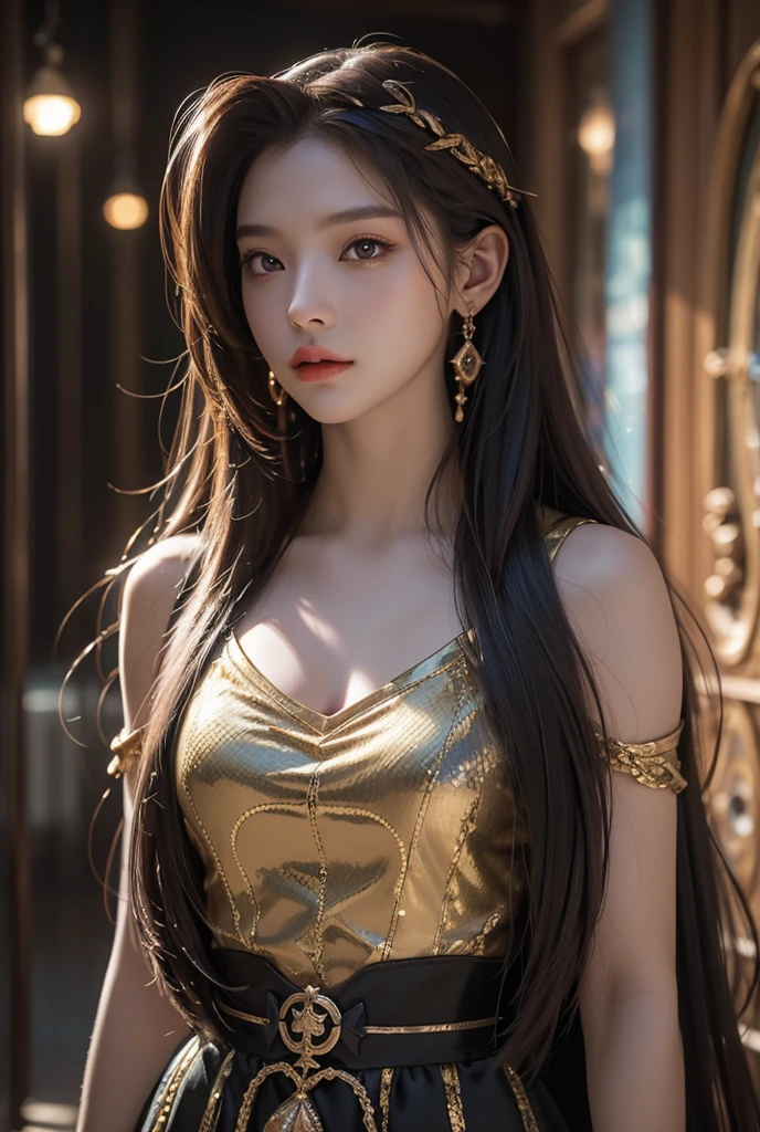 Medusa、Medusa、Hair is snake、young woman、eyes are golden、Lower body is a snake、Background: Dim stone corridor、(best quality,4K,8k,highres,masterpiece:1.2),ultra-detailed,(realistic,photorealistic,photo-realistic:1.37),HDR,uhd,studio lighting,ultra-fine painting,sharp focus,physically-based rendering,extreme detail description,professional,vivid colors,bokeh,cinematic lighting,dramatic shadow,
