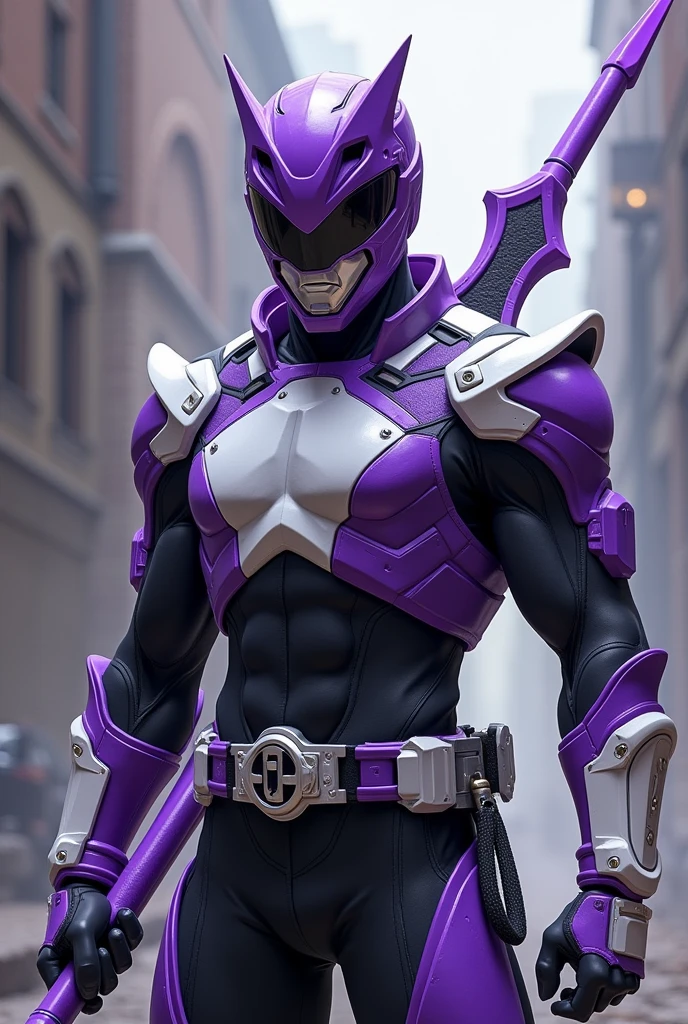 Character inspired by a purple ranger with purple ranger patterns a purple helmet mixed with white and black a purple ranger costume mixed with beige tinted with white a purple spear tinted with white mixed with black that he holds on and a side of a combat ranger