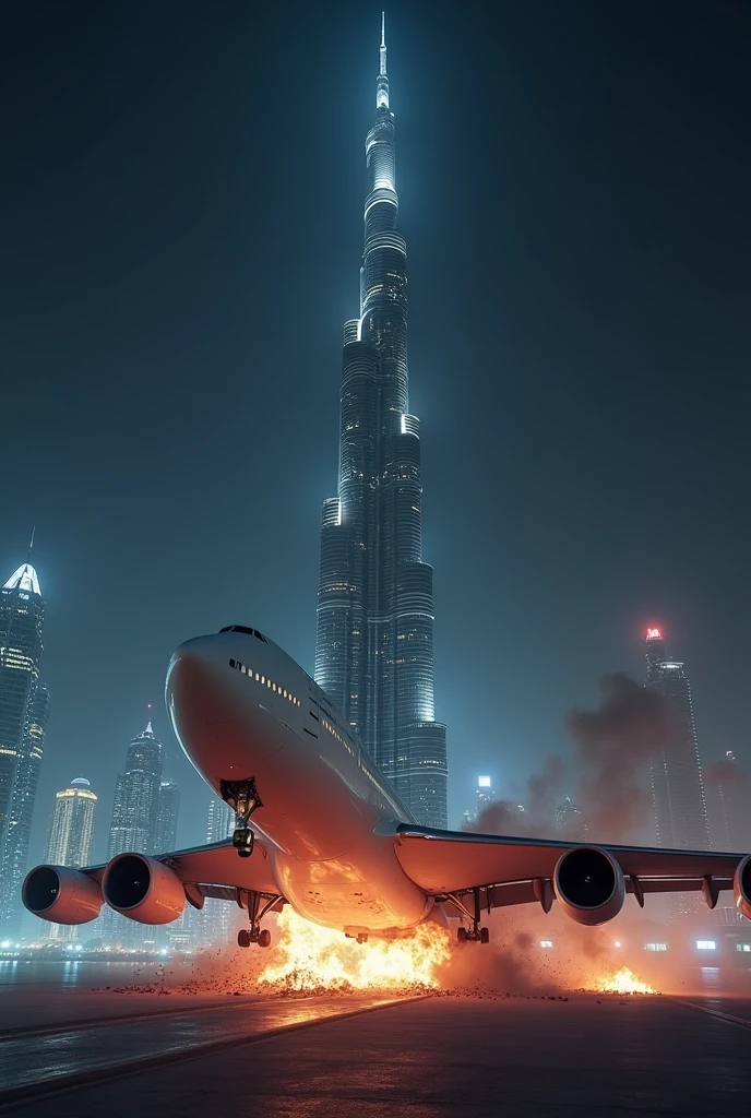 White boing 747 Aeroplane crash at night in burj khalifa