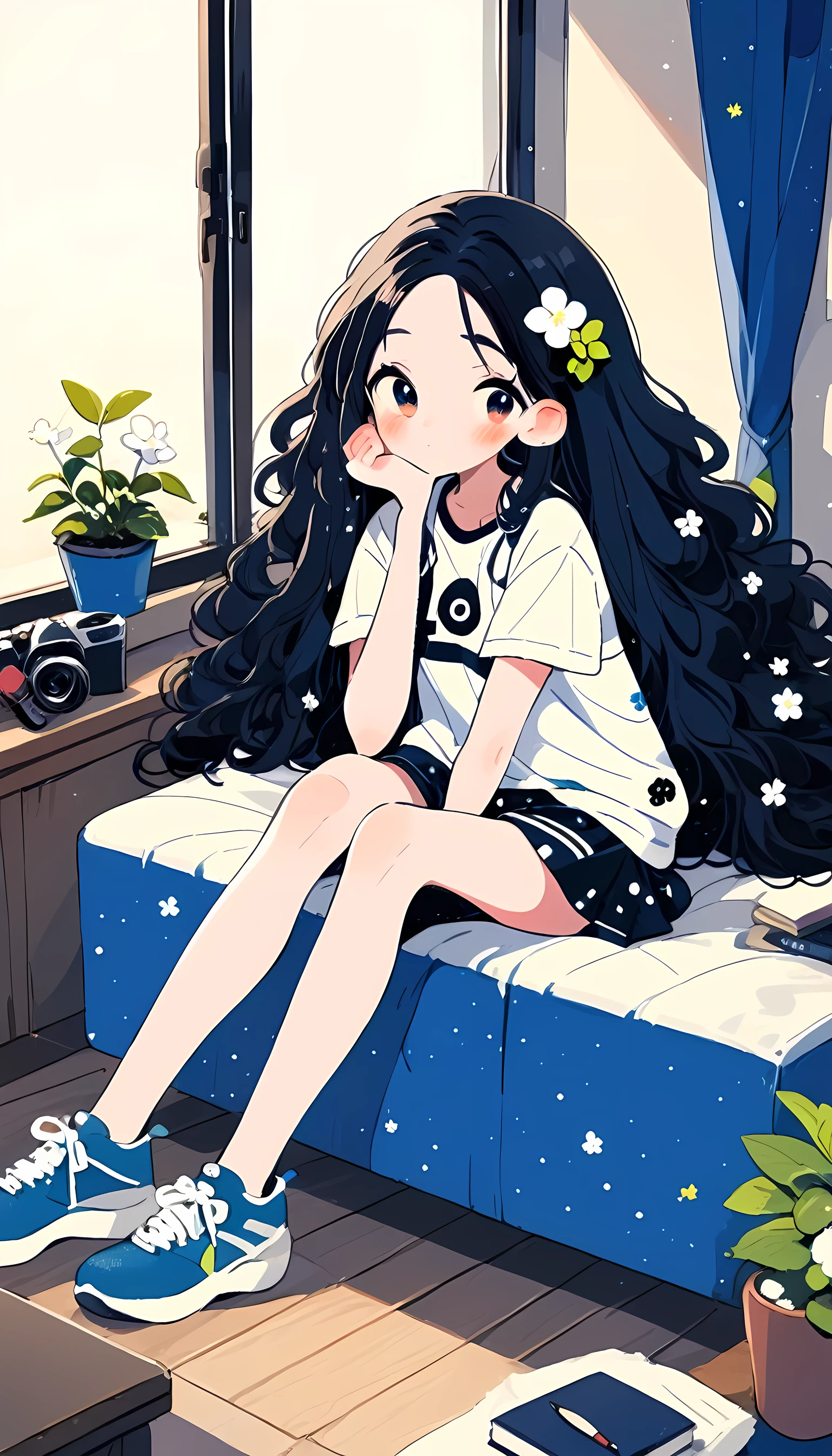 (masterpiece, best quality:1.2), 1girl, solo, beautiful, long hair, black hair, cozy room, lo-fi style, full body, window, nights, flower pots, table, lamp, sitting a sofa,