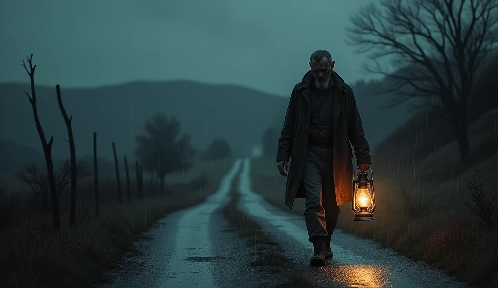 Man holding a lamp walking on a deserted road in the countryside in the middle of the night and it is raining