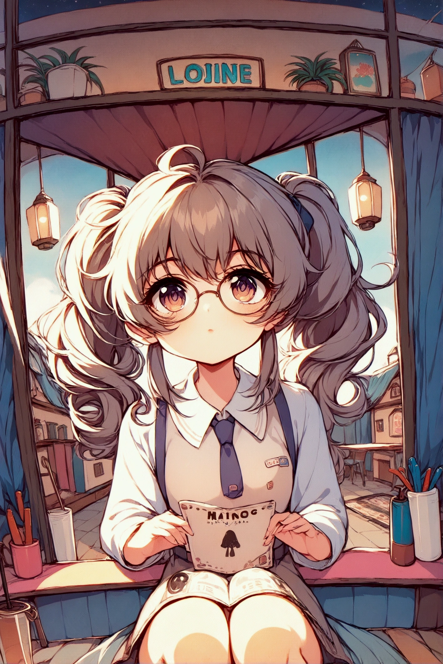 &quot;Depicting a peaceful night scene，Girl sitting on the windowsill in a residential area，Legs hanging out of the window casually，Holding hands on the window，Staring into the distance。Her light brown curly hair, twin ponytails, flowed gently in the wind，Wearing thick-framed black large round glasses，The scene is shown from a low altitude perspective，The background is a starry sky，The surrounding residential area is quiet and peaceful，Street lights in the distance give off a soft glow。Xiaoxuan&#39;s expression is calm，Reflecting a moment of contemplation and tranquility，NSFW