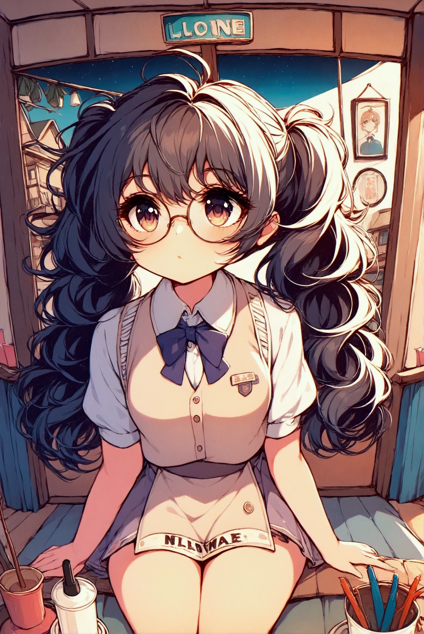 &quot;Depicting a peaceful night scene，Girl sitting on the windowsill in a residential area，Legs hanging out of the window casually，Holding hands on the window，Staring into the distance。Her light brown curly hair, twin ponytails, flowed gently in the wind，Wearing thick-framed black large round glasses，The scene is shown from a low altitude perspective，The background is a starry sky，The surrounding residential area is quiet and peaceful，Street lights in the distance give off a soft glow。Xiaoxuan&#39;s expression is calm，Reflecting a moment of contemplation and tranquility，NSFW