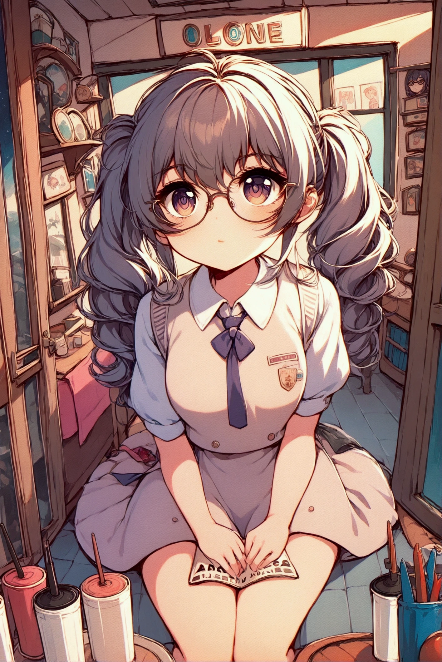 &quot;Depicting a peaceful night scene，Girl sitting on the windowsill in a residential area，Legs hanging out of the window casually，Holding hands on the window，Staring into the distance。Her light brown curly hair, twin ponytails, flowed gently in the wind，Wearing thick-framed black large round glasses，The scene is shown from a low altitude perspective，The background is a starry sky，The surrounding residential area is quiet and peaceful，Street lights in the distance give off a soft glow。Xiaoxuan&#39;s expression is calm，Reflecting a moment of contemplation and tranquility，NSFW