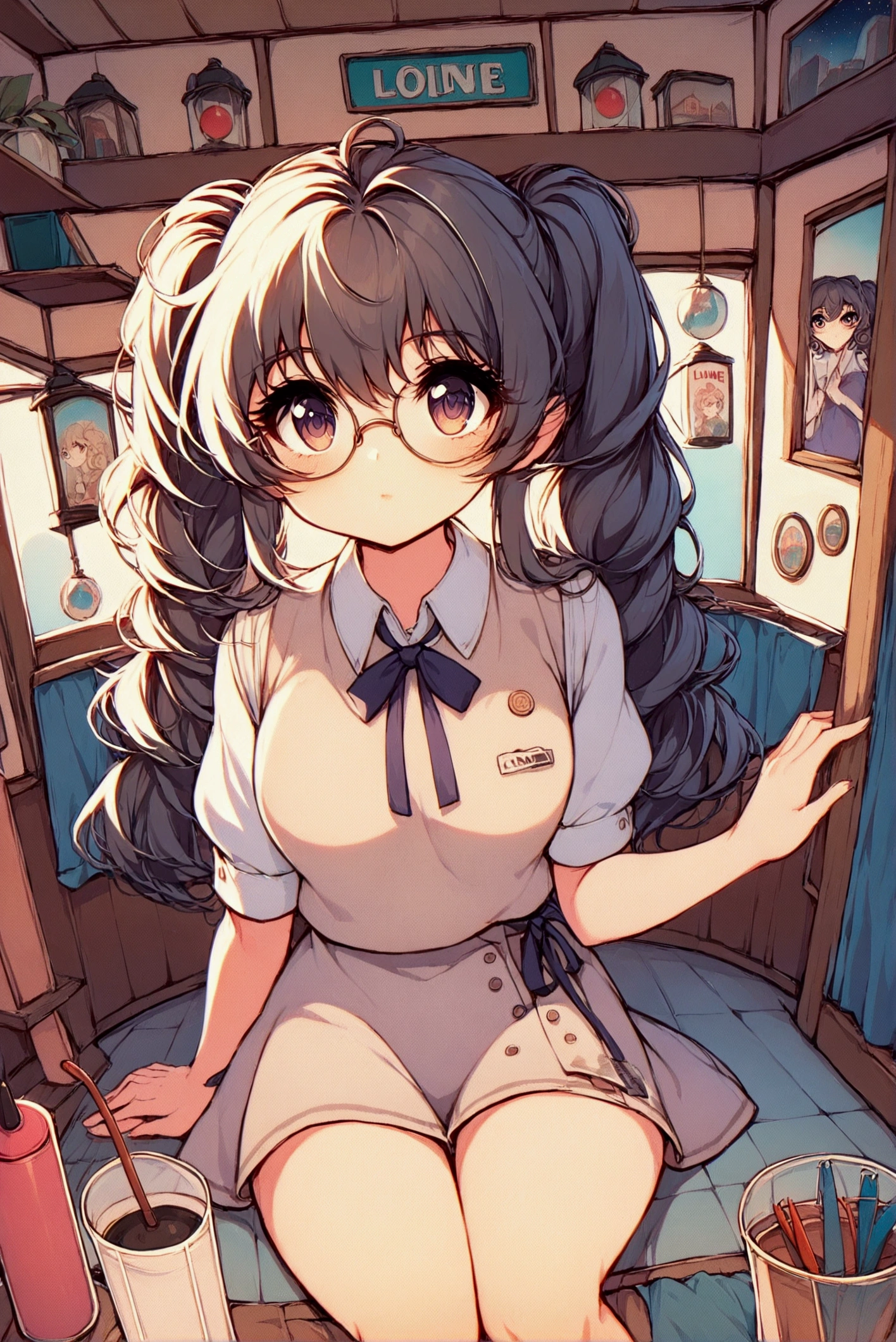 &quot;Depicting a peaceful night scene，Girl sitting on the windowsill in a residential area，Legs hanging out of the window casually，Holding hands on the window，Staring into the distance。Her light brown curly hair, twin ponytails, flowed gently in the wind，Wearing thick-framed black large round glasses，The scene is shown from a low altitude perspective，The background is a starry sky，The surrounding residential area is quiet and peaceful，Street lights in the distance give off a soft glow。Xiaoxuan&#39;s expression is calm，Reflecting a moment of contemplation and tranquility，NSFW