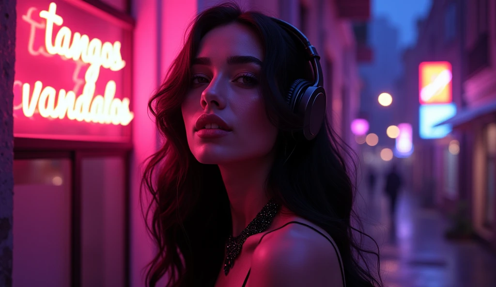 Very sexy woman, wavy black hair, very sensual face, sexy clothes with black necklace on her neck, listening to music, with headphones, with lights in the background Street and a purple sign that says the text in Spanish "TANGoS VANDALoS"