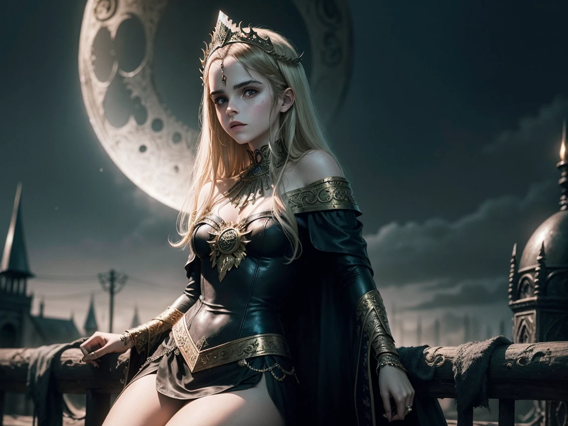 1970s dark fantasy, Heavy Metal Record Cover. Teenage Emma Watson as the Golden Priestess. Sit on the fence. (bleak moonlit night). Slim and beautiful. Intricate details.