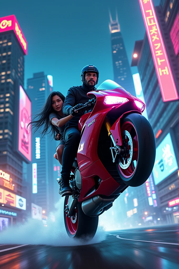 Ducati with wheelie boys is riding and a girl is sitting behind him (anime) realistic neon light in cyberpunk city cinematic