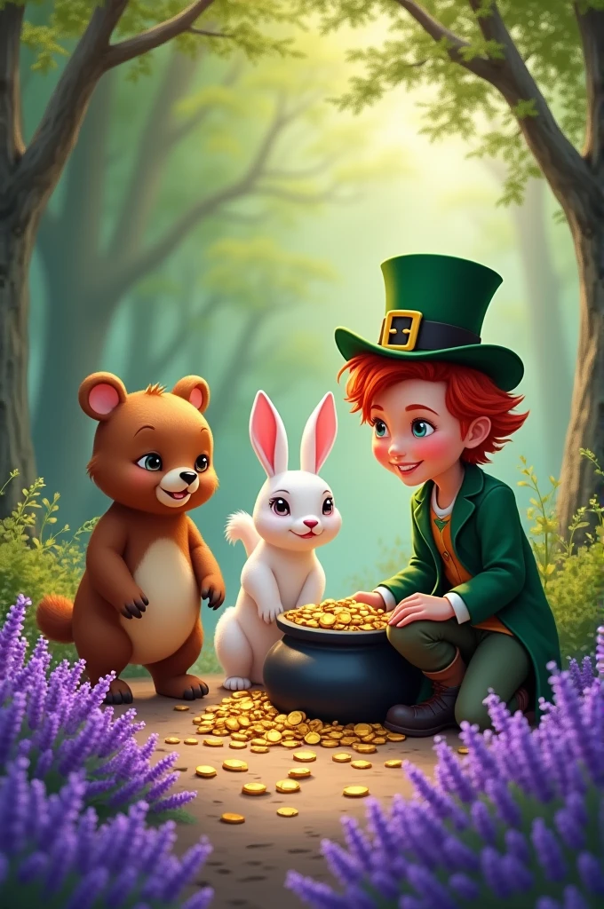 Create a picture of the little bear and the little rabbit and the little female deer in a lavender field at the edge of the forest with a friendly green dressed leprechaun with red hair with a round hat and black shoes with a golden buckle who is counting the gold coins in his black gold pot 