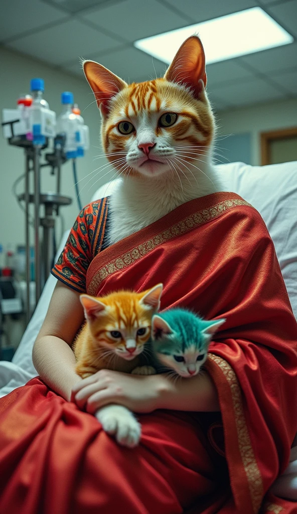 A humanoid havana cat wearing a red saree she is in hospital, her face showing a mix of pain and determination as she gives birth to three rainbow kittens