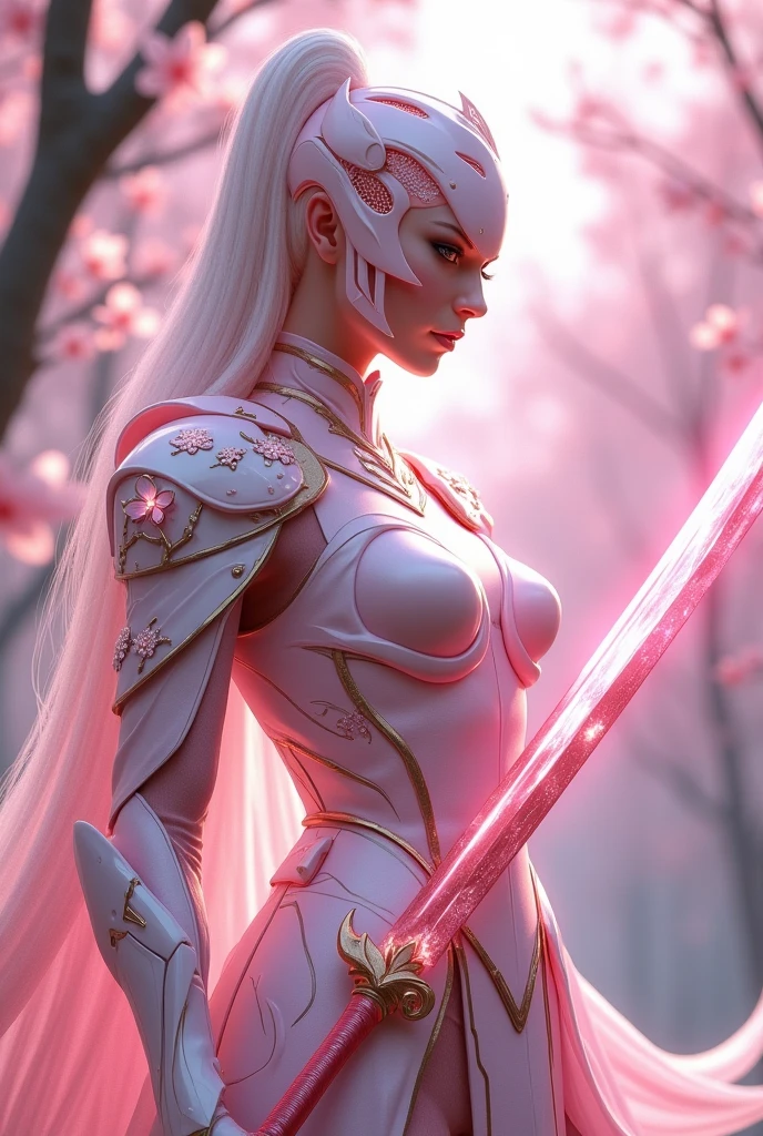 Sakurianas Warrior with the Sakura SwordThe tall, elegant warrior from the Sakurianas species is a vision of grace and power. She wears a unique armor made from a material that appears as delicate as Sakura petals but is 100 times stronger than diamond. The armor has a shimmering pink and white color scheme, resembling the natural hues of cherry blossoms. Intricate patterns of blooming Sakura flowers adorn the chest plate and shoulder guards, giving the armor an organic and fluid appearance. Her helmet, with a visor shaped like overlapping petals, completes the look, fitting perfectly to her form. Glowing pink veins of energy run through the armor, reflecting the regenerative and powerful nature of the wearer.In the warrior's hand is the Sakura Sword. This sword features a long, slightly curved blade forged from a pink metallic material that softly glows with a delicate aura. The blade is engraved with subtle designs of Sakura branches, which shimmer in shades of pink and gold as light hits it. The hilt is wrapped in pearl-white leather, adorned with rose gold accents, and at the base of the hilt, a small Sakura flower carved from rose quartz adds a final touch of elegance. The minimalist guard of the sword, decorated with small pink crystals, echoes the delicate branches of a cherry blossom tree.