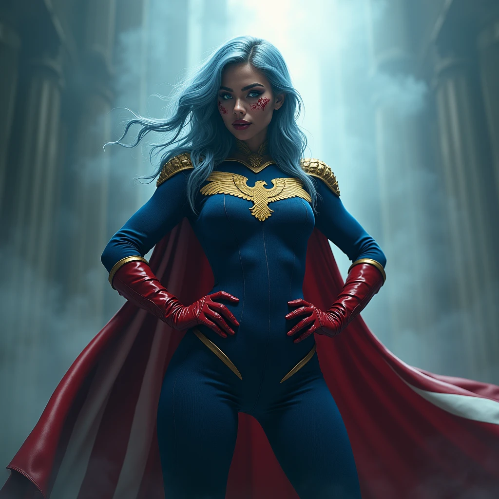 A powerful superhero character in a dramatic action pose, She hold her hands on her hips and and look at her left. She's a biracial latina woman .She wears a dark blue, textured bodysuit with golden like heads of eagle on her shoulders and wear red long gloves until her elbows. She have got long light blue hair, light blue eyes, large breast. She has got a creepy smile. Her glows in intense red and she project a laser beam by her eyes on her left. A large and imposing American flag cape billows behind her, adding a sense of movement to the scene. There are stains of blood on her face ,The atmosphere around her is misty, with beams of light piercing through the clouds, highlighting the figure in a heroic manner, photorealistic, Grand angle, 