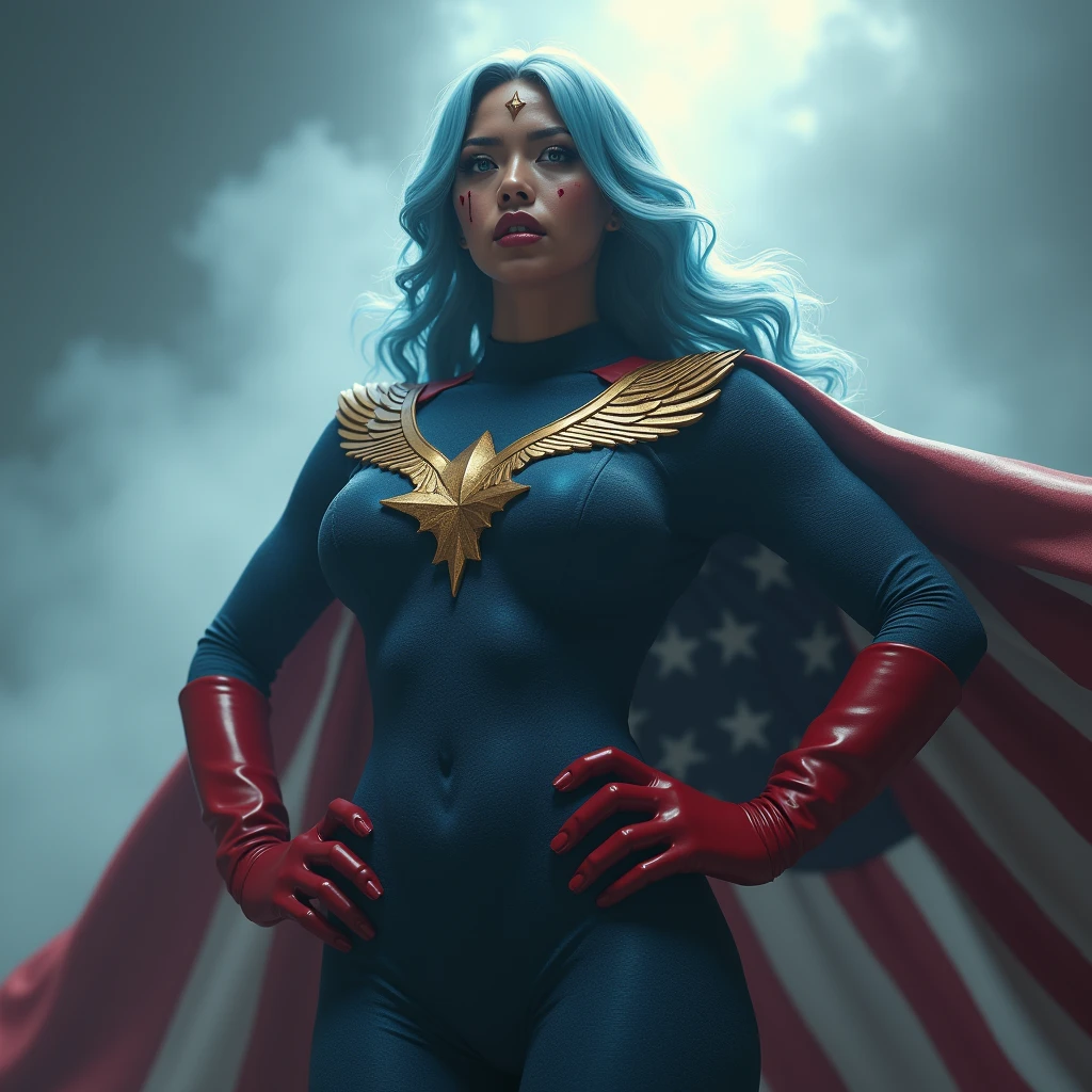 A powerful superhero character in a dramatic action pose, She hold her hands on her hips and and look at her left. She's a biracial latina woman .She wears a dark blue, textured bodysuit with golden like heads of eagle on her shoulders and wear red long gloves until her elbows. She have got long light blue hair, light blue eyes, large breast. She has got a creepy smile. Her glows in intense red and she project a laser beam by her eyes on her left. A large and imposing American flag cape billows behind her, adding a sense of movement to the scene. There are stains of blood on her face ,The atmosphere around her is misty, with beams of light piercing through the clouds, highlighting the figure in a heroic manner, photorealistic, Grand angle, 