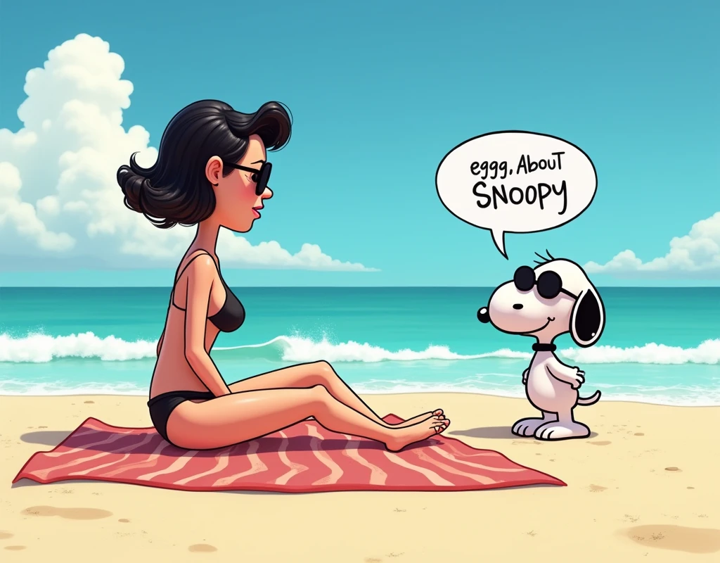 3D comic illustration, 8K,
The animated character Mafalda is on a towel on the beach topless. Snoopy in sunglasses walks past her. Snoopy walks past Mafalda, Snoopy with a disgusted face and a comic speech bubble with the text "eegggggg, about Snoopy." ultra detailed 3D illustration, Mafalda in a bikini, Snoopy with sunglasses and with a disgusted face, mafalda lying on the towel, mafalda topless 8K illustration,