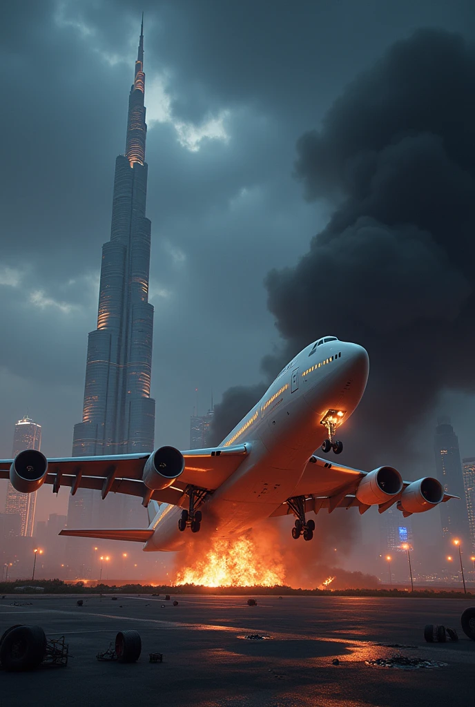 White boing 747 Aeroplane crash at night under burj khalifa