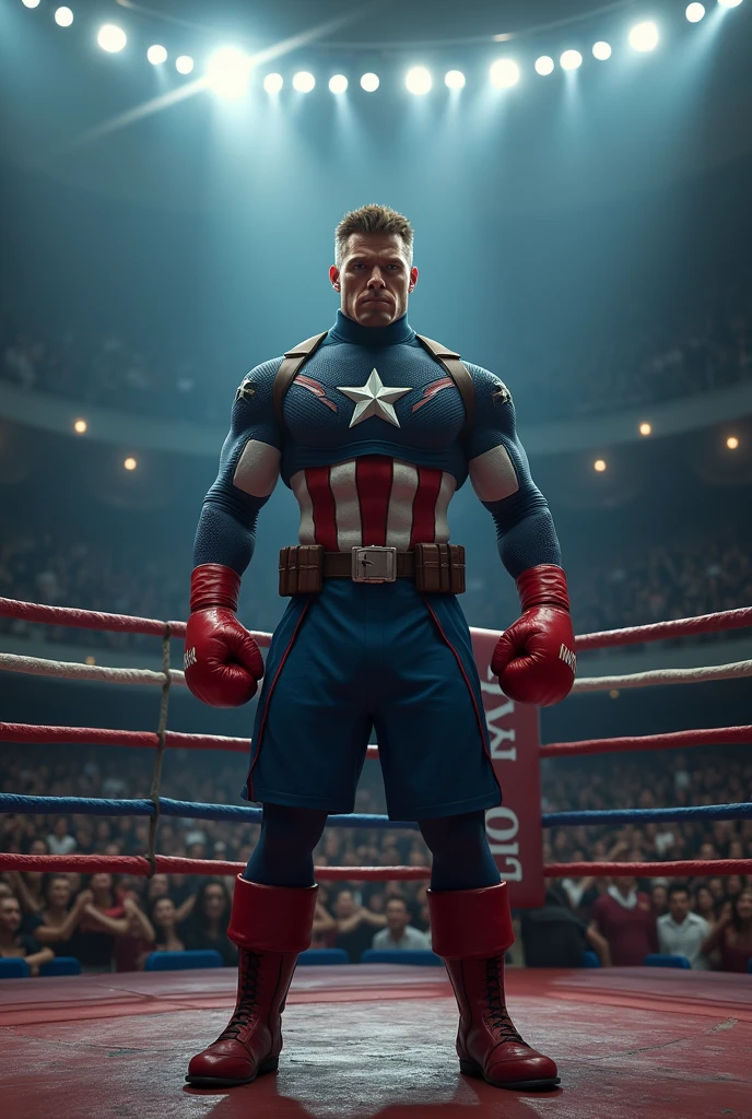 a boxing ring, Captain America, wearing red boxing gloves