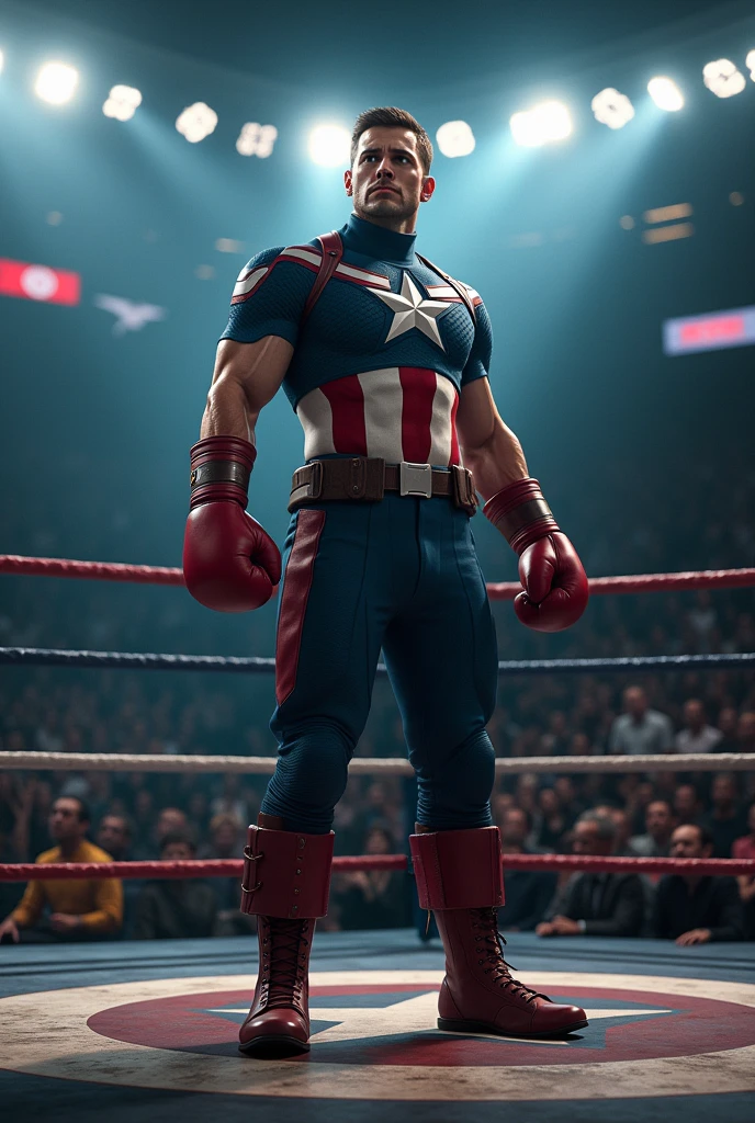a boxing ring, Captain America, wearing red boxing gloves