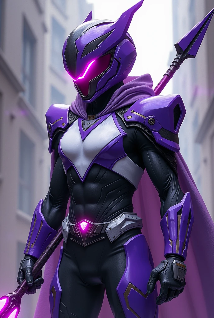 Character inspired by a purple ranger with purple ranger patterns a purple helmet mixed with white and black a purple ranger costume mixed with beige tinted with white a purple spear tinted with white mixed with black that he holds on and a side of a combat ranger 