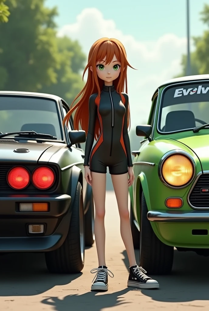 You can create an image of a skinny, green-eyed girl with white skin and orange-brown hair down to her waist posing for a photo outside in the middle of two cars, the first a black Nissan Skyline GTR R32 with red headlights and the second a green Renault 9 GTL with the front window saying EVOLVE and its turn signals being orange., have yellow explorers please make the image animated , and the girl has racing sportswear remember the girl is 2