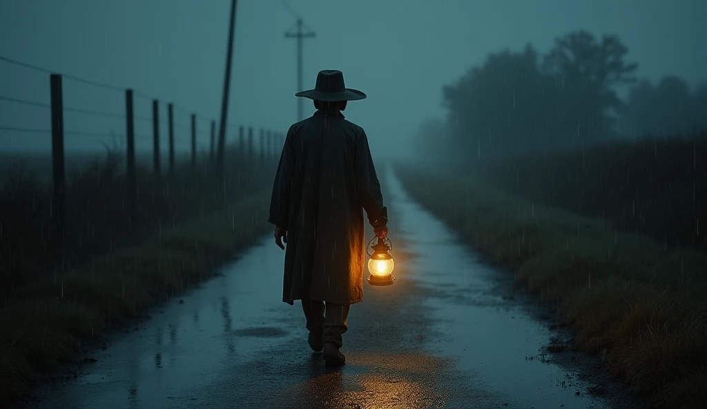 Man holding a lamp walking on a deserted road in the countryside in the middle of the night and it is raining . The angle of the picture is behind his back.