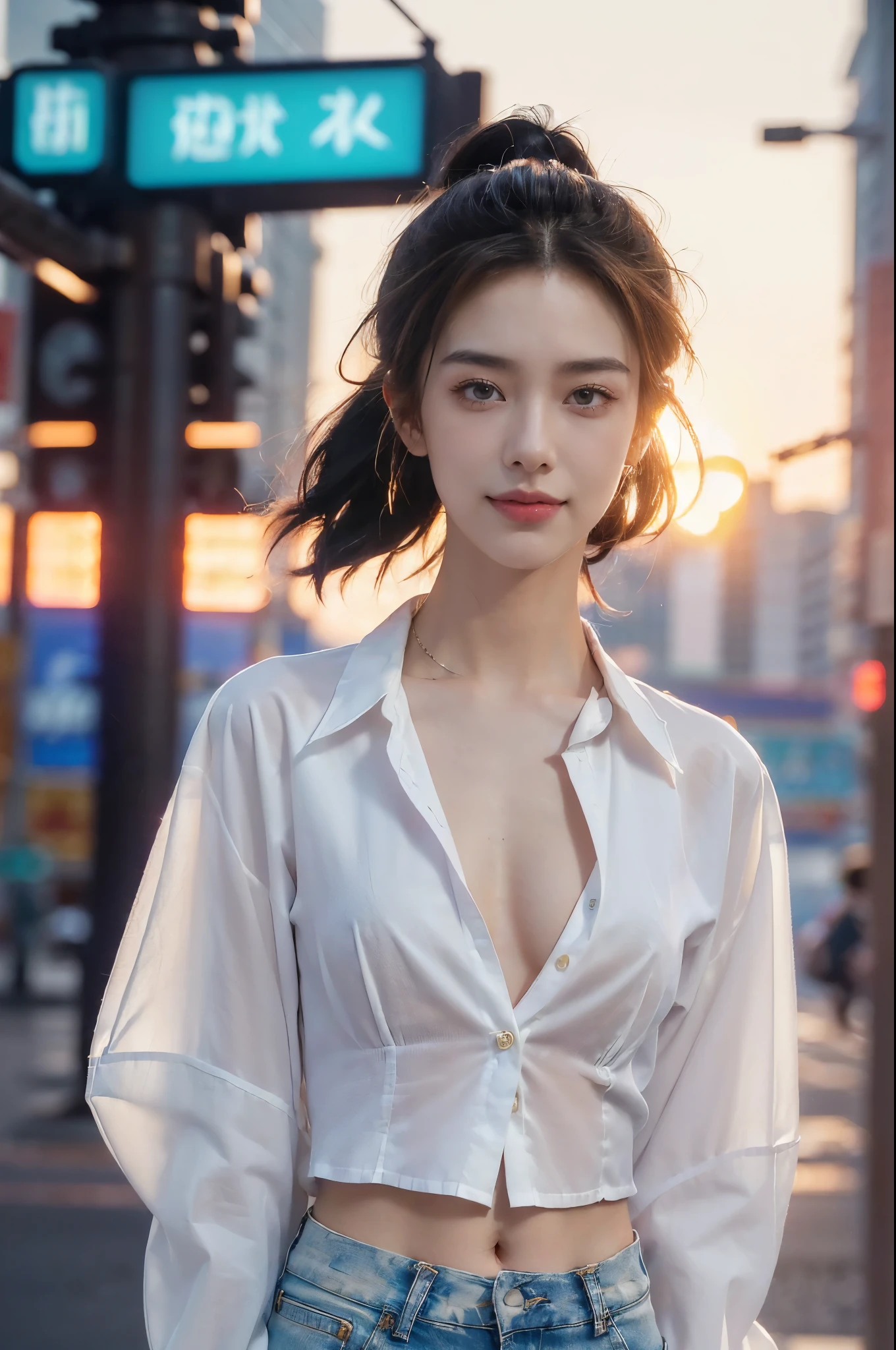 (((best quality))),(((ultra detailed))),(((masterpiece))),illustration,((1 beautiful girl,solo)),((short half ponytail,short hair)),(fair skin:1.3),(detailed eyes:1.3),(smile:1.3),((slim,thin)),((small breasts,flat chest)), (oversize white collared sleeved shirt:1.3),(open shirt:1.5),(micro denim shorts:1.2),(slender legs:1.2),(standing:1.3),((vibrant colors, soft glow)), (active and healthy lifestyle,youthful charm),((on the street,cyberpunk city, towering skyscrapers)),(warm sunset glow:1.3),(detailed background:1.3),((vivid neon signs, holographic advertisements, electric atmosphere)),(outdoor:1.3),((summer,dusk scene)),((from front,upper body))