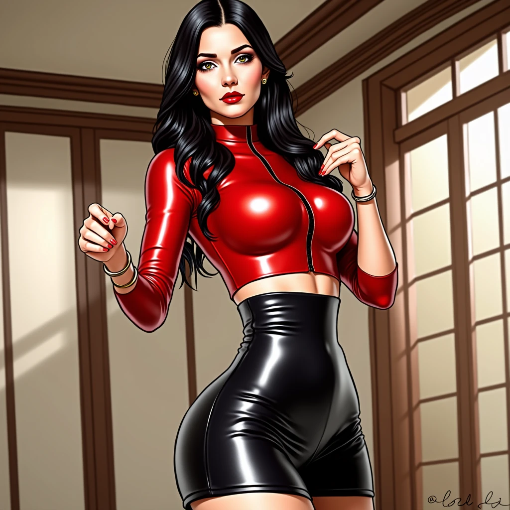 photo of a woman, red latex shirt, black mini skirt, (black stockings), makeup, red lips, hd, 8k, (intricate details, hyperdetailed:1.15) (skin texture:1.2), ((masterpiece)), (high quality), (best quality), (detailed), hd, perfect lighting, detailed face, detailed body